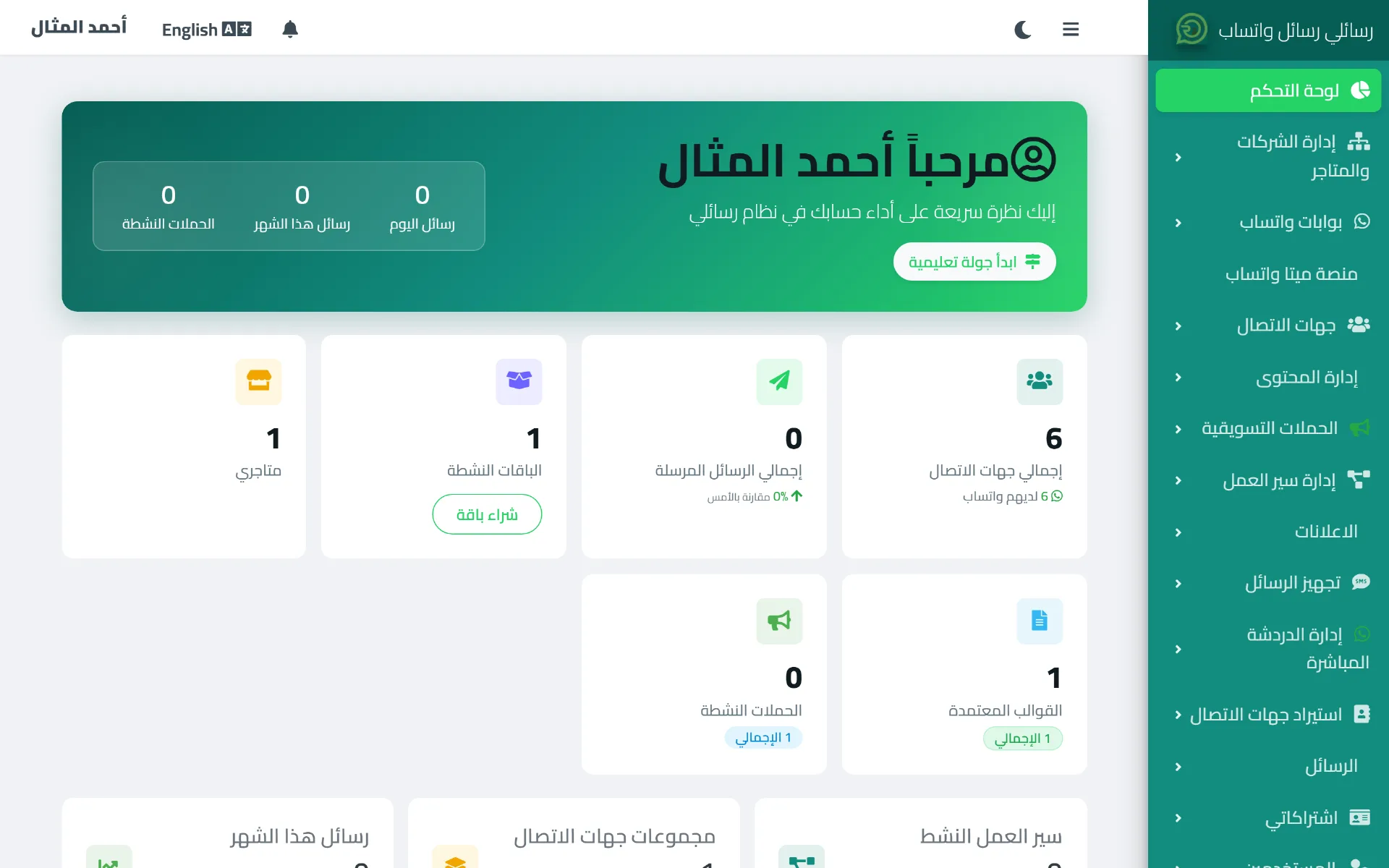 لوحة التحكم الرئيسية في رسائلي تعرض إحصائيات الحساب وجميع أقسام النظام في القائمة الجانبية