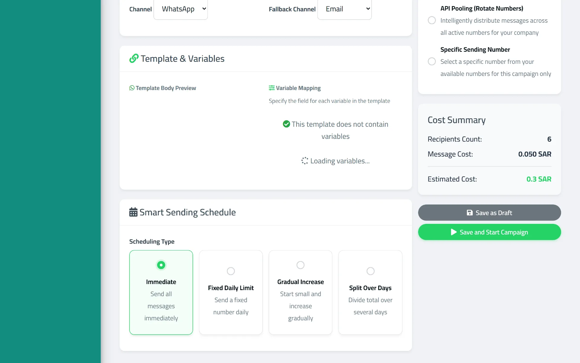 The Smart Sending Schedule section of the campaign form showing four options: Immediate, Fixed Daily Limit, Gradual Increase, and Split Over Days