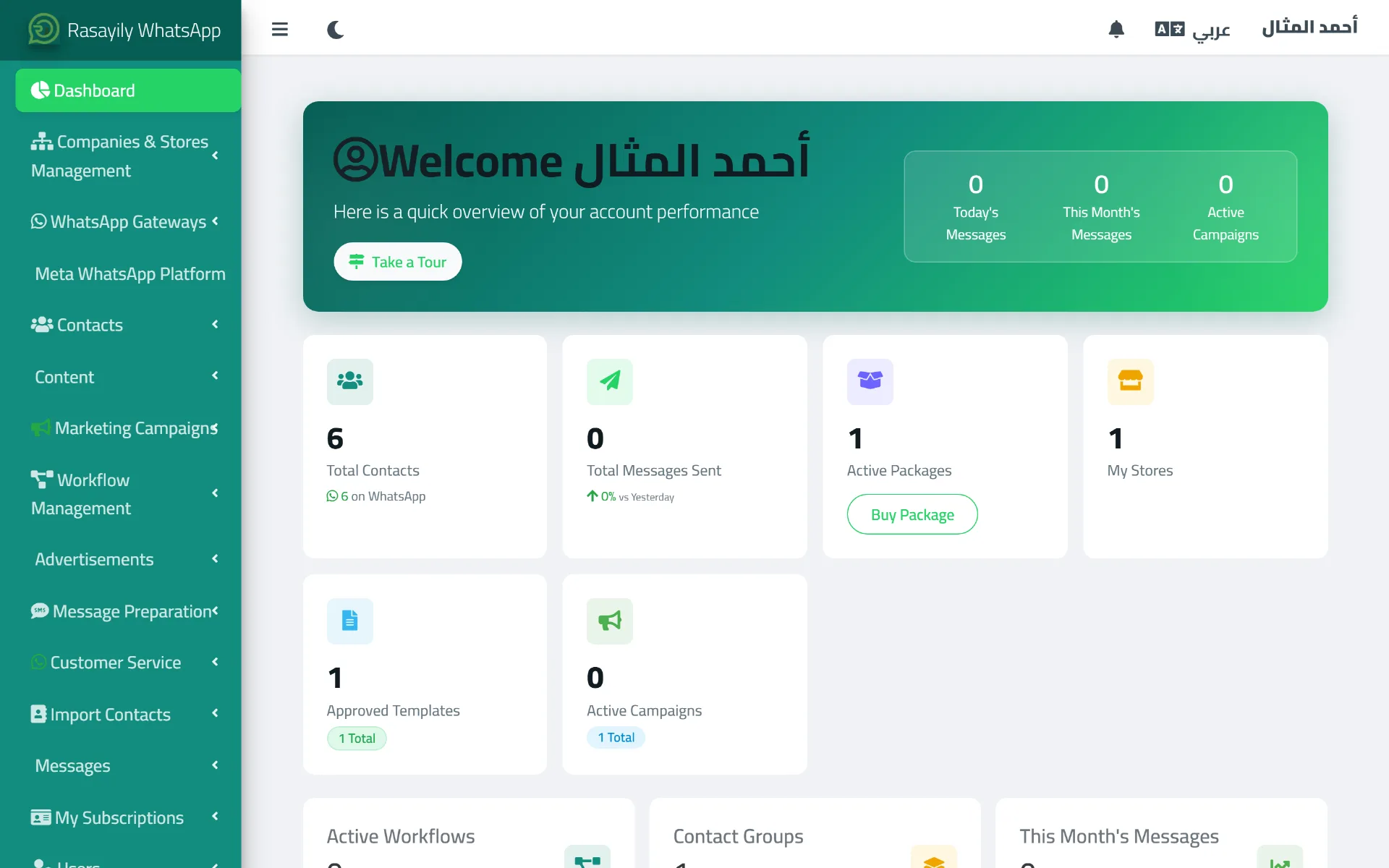 The Rasayily main dashboard showing account statistics and the full sidebar navigation