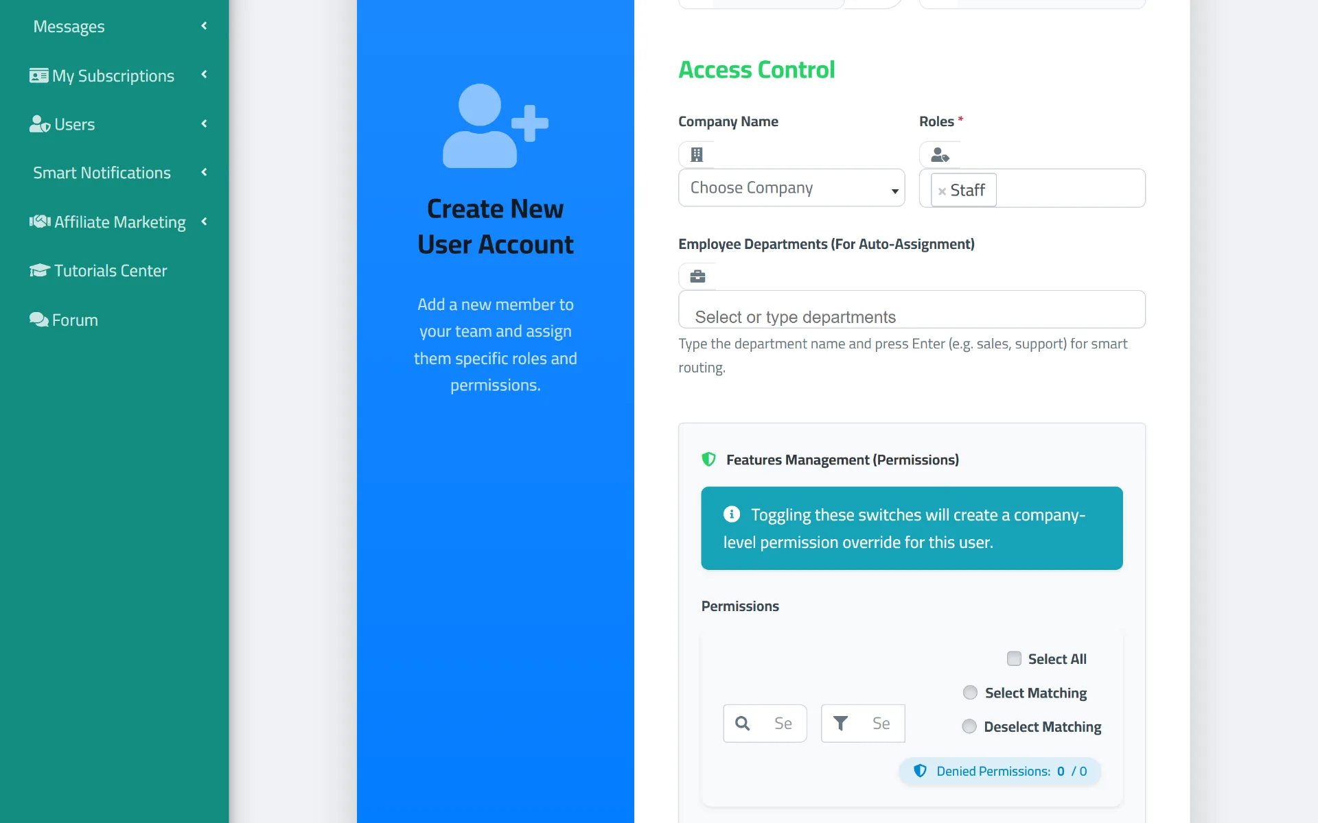The new-user form in Rasayily showing the role field and the permissions management section