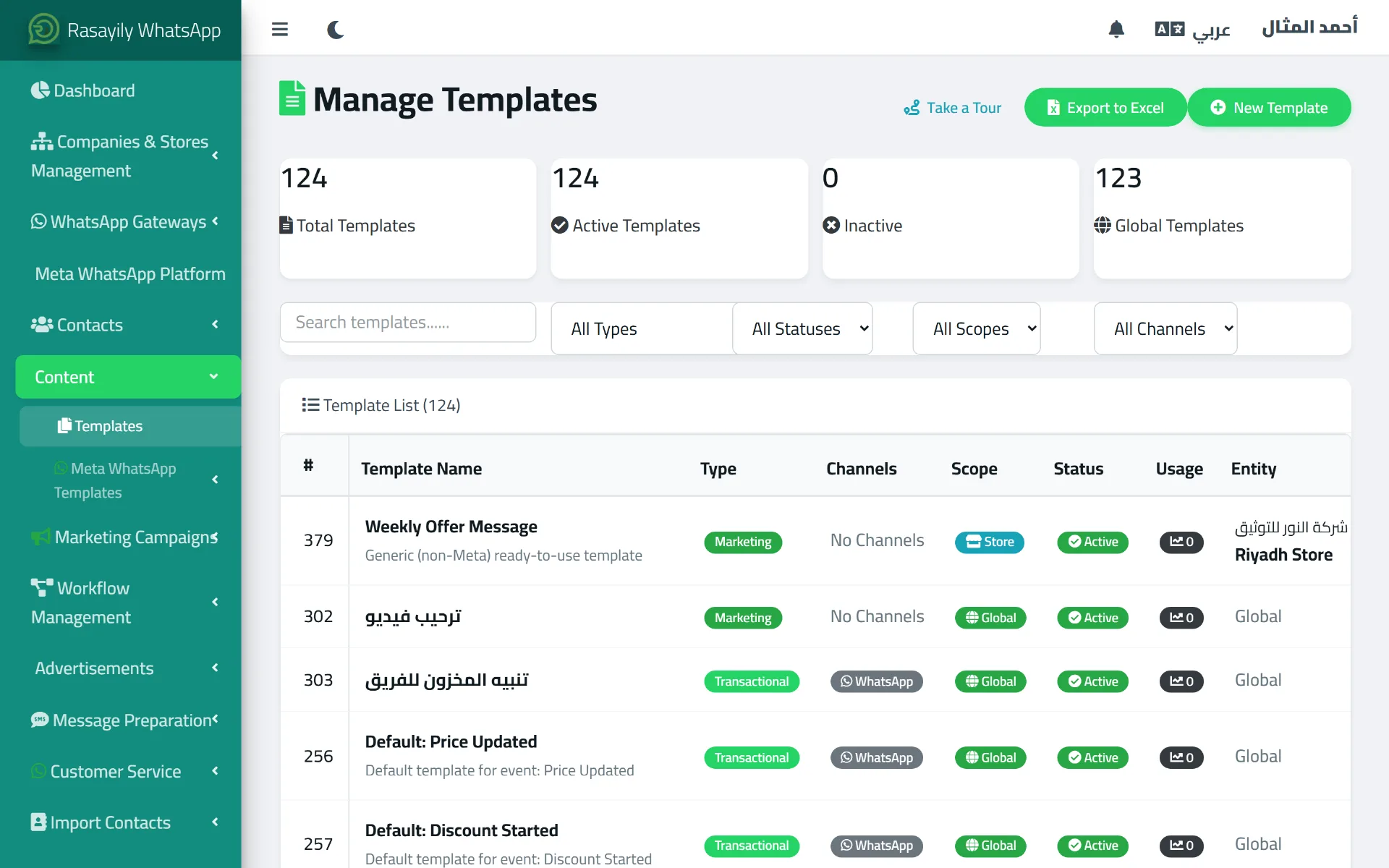 Rasayily templates page listing templates with their type, status, and scope