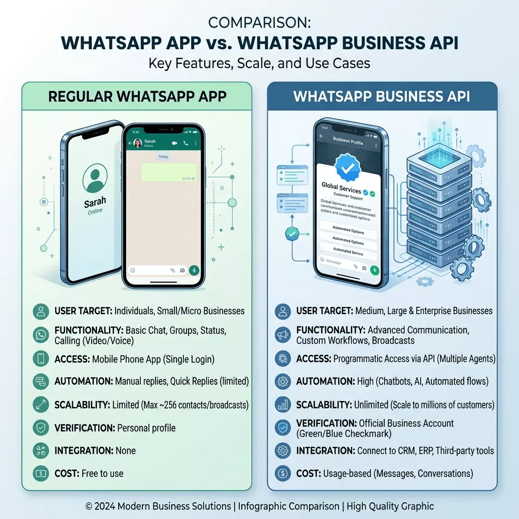 واتساب بيزنس API مقابل العادي: اكتشف الفروقات الجوهرية